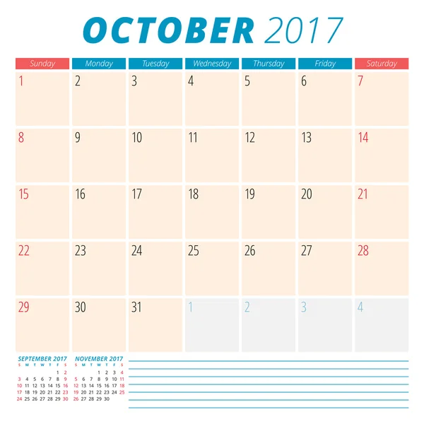 2017 Οκτωβρίου. Προγραμματισμός ημερολογίου για 2017 έτος. Η εβδομάδα ξεκινά την Κυριακή. Σχεδιασμός επιστολόχαρτου. 3 μήνες στη σελίδα. Μοντέλο διανυσματικού ημερολογίου — Διανυσματικό Αρχείο