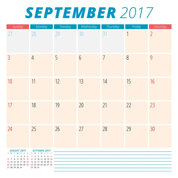 September 2017. Kalender planerare för 2017 år. Veckan startar söndagen. Brevpapper design. 3 månader på sidan. Mall för vektor kalender — Stock vektor