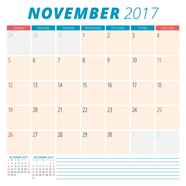 November 2017. Kalenderplaner für 2017 Jahr. Die Woche beginnt am Sonntag. Schreibwarendesign. 3 Monate auf Seite. Vektorkalendervorlage — Stockvektor