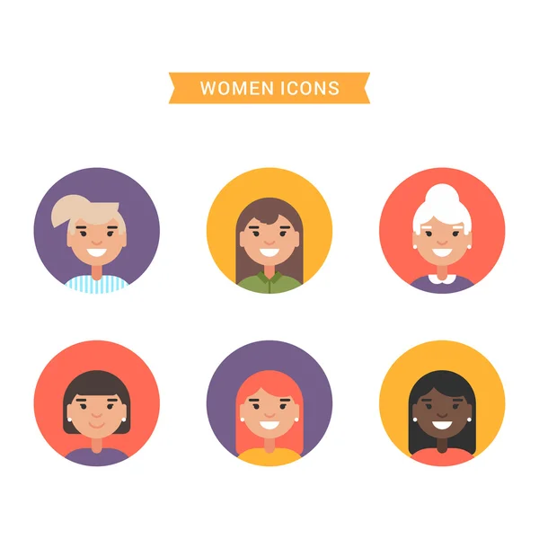 Icons of diverse smiling women. Bright colored flat vector illustrations isolated on white background — Stock Vector