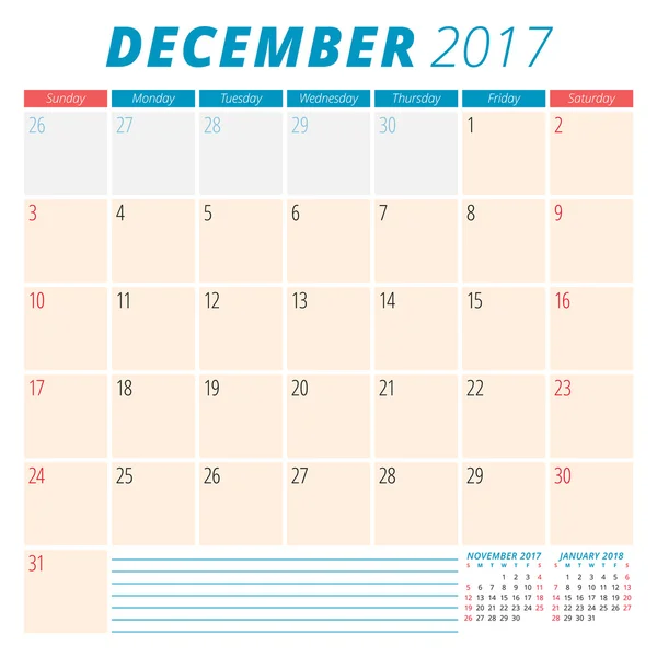 Diciembre de 2017. Planificador de Calendario 2017 Año. La semana empieza el domingo. Diseño de Papelería. 3 meses en la página. Plantilla de calendario vectorial — Archivo Imágenes Vectoriales
