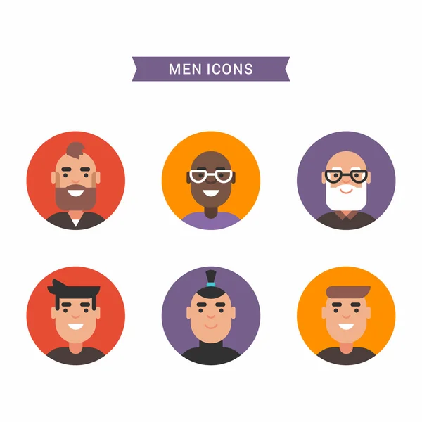 Icônes d'hommes souriants divers. Illustrations vectorielles plates de couleur vive isolées sur fond blanc — Image vectorielle