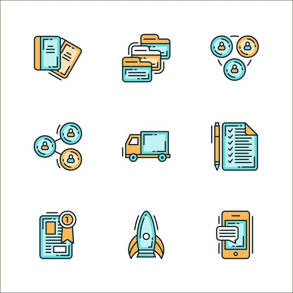 Processos de negócios relacionados com ícones. Ilustração vetorial plana colorida. Ícones isolados no fundo branco — Vetor de Stock