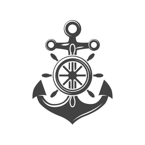 操船ホイールとアンカー。黒のアイコン、ロゴの要素、白い背景に隔離されたフラットベクトルイラスト. — ストックベクタ