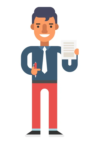 Hombre con pluma y documento en las manos — Vector de stock