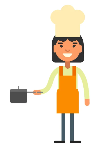 Mulher cozinheiro chef com um sausepan na mão —  Vetores de Stock