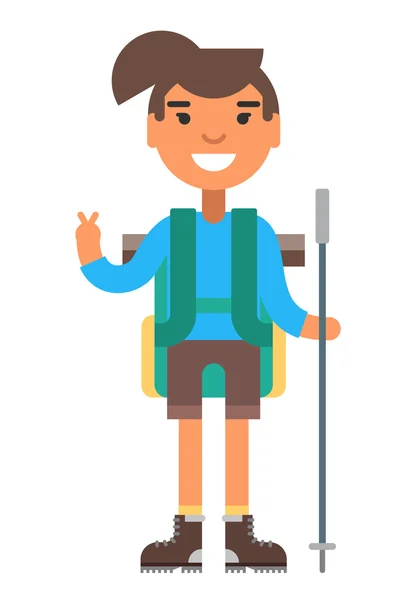 Young woman in blue shirt with backpack and hiking pole ready for trekking — Stockvector