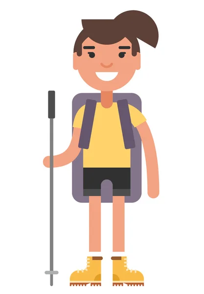 Jeune femme en chemise jaune et bottes avec sac à dos et bâton de randonnée — Image vectorielle