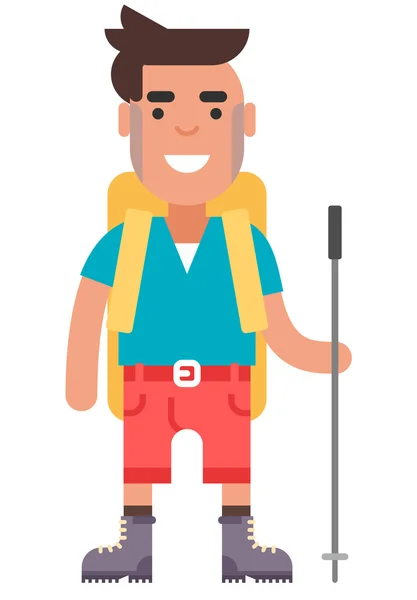 Young guy in red shorts and blue Tshirt with backpack and hiking pole — Stock Vector