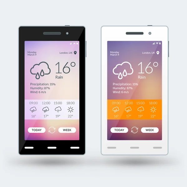 Modernes Smartphone mit Wetter-App auf dem Bildschirm. flache Designvorlage für mobile Apps. Schwarz-weiße Smartphones. Vektorillustration — Stockvektor