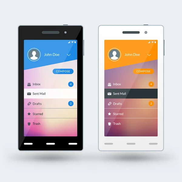 Moderno smartphone con schermo dell'app e-mail. Modello di design piatto per applicazioni mobili. smartphone in bianco e nero. Illustrazione vettoriale — Vettoriale Stock