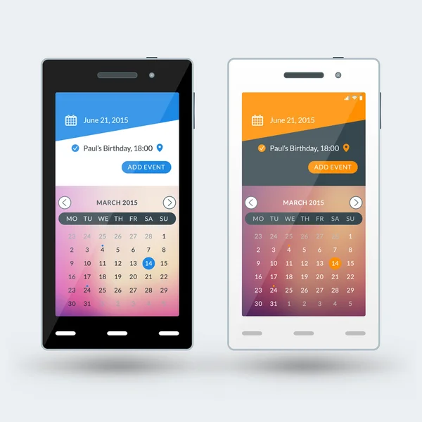 Modernes Smartphone mit Kalender-App auf dem Bildschirm. flache Designvorlage für mobile Apps. Schwarz-weiße Smartphones. Vektorillustration — Stockvektor