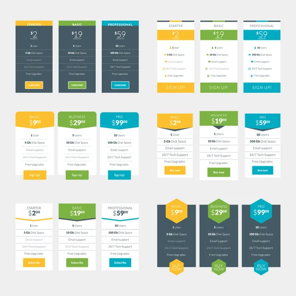 Ensemble de modèles de conception de tables de tarification pour les sites Web et les applications. Plans de tarification vectorielle. Illustration vectorielle de style plat — Image vectorielle