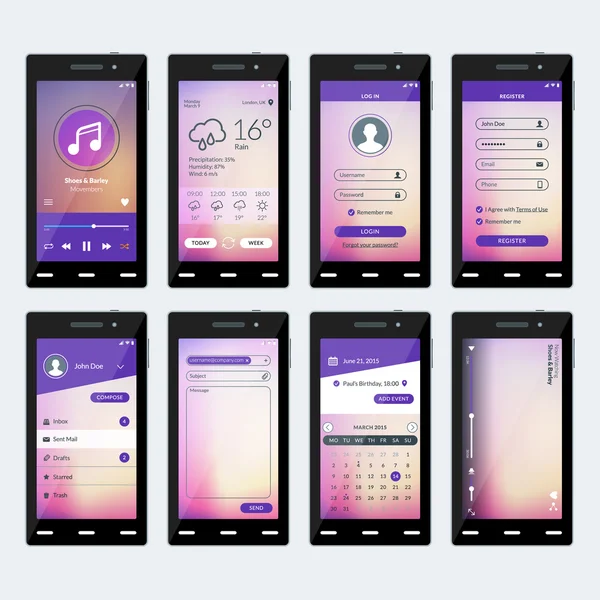 앱과 현대 스마트 폰의 벡터 그림 세트. 모바일 앱용 플랫 디자인 템플릿. 검은 색 스마트 폰. 벡터 일러스트레이션 — 스톡 벡터