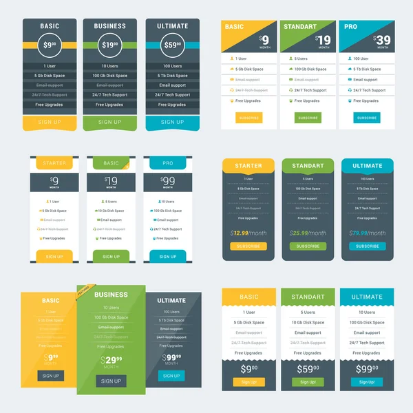 Conjunto de plantillas de diseño de tablas de precios para sitios web y aplicaciones. Planes de precios vectoriales. Estilo plano Vector Ilustración — Vector de stock