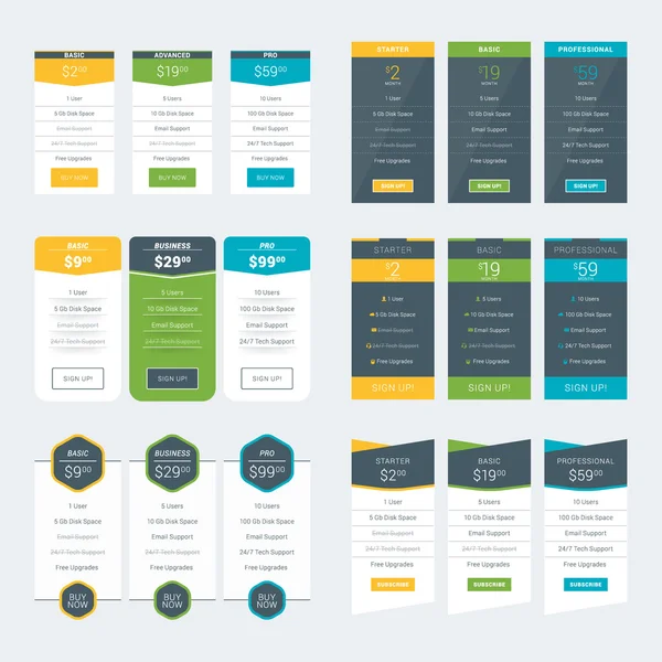 Набор шаблонов проектирования таблиц цен для веб-сайтов и приложений. Планы векторного ценообразования. Векторная иллюстрация плоского стиля — стоковый вектор