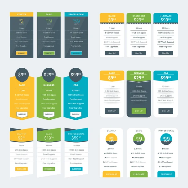 Set of Pricing Table Design Templates for Websites and Applications. Vector Pricing Plans. Flat Style Vector Illustration — Stock Vector