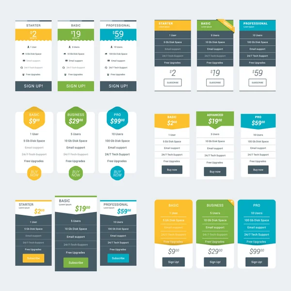 Conjunto de plantillas de diseño de tablas de precios para sitios web y aplicaciones. Planes de precios vectoriales. Estilo plano Vector Ilustración — Vector de stock