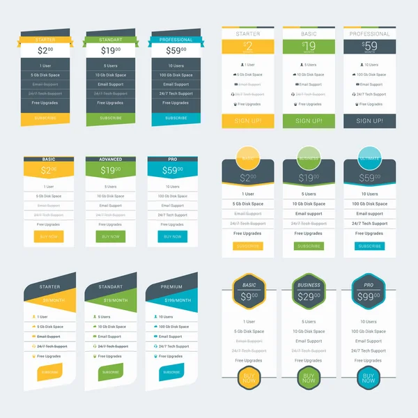 Conjunto de plantillas de diseño de tablas de precios para sitios web y aplicaciones. Planes de precios vectoriales. Estilo plano Vector Ilustración — Vector de stock