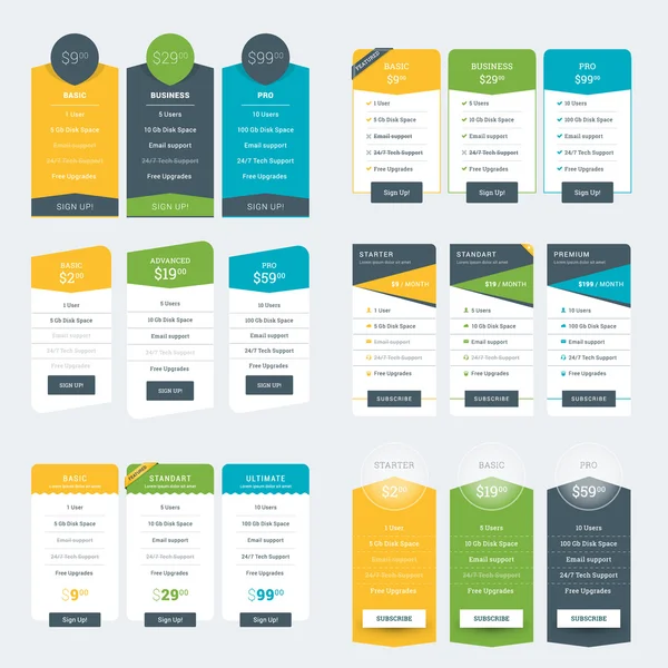 Set of Pricing Table Design Templates for Websites and Applications. Vector Pricing Plans. Flat Style Vector Illustration — Stock Vector