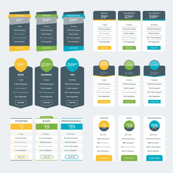 Conjunto de plantillas de diseño de tablas de precios para sitios web y aplicaciones. Planes de precios vectoriales. Estilo plano Vector Ilustración — Vector de stock