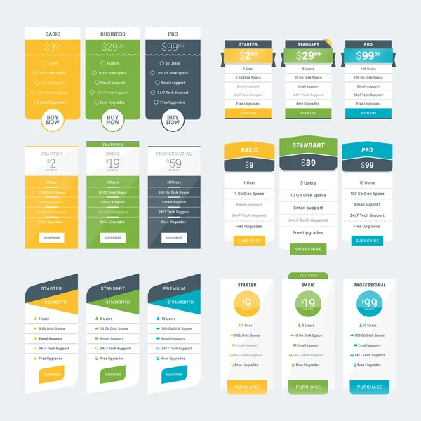 Set of Pricing Table Design Templates for Websites and Applications. Vector Pricing Plans. Flat Style Vector Illustration — Stock Vector