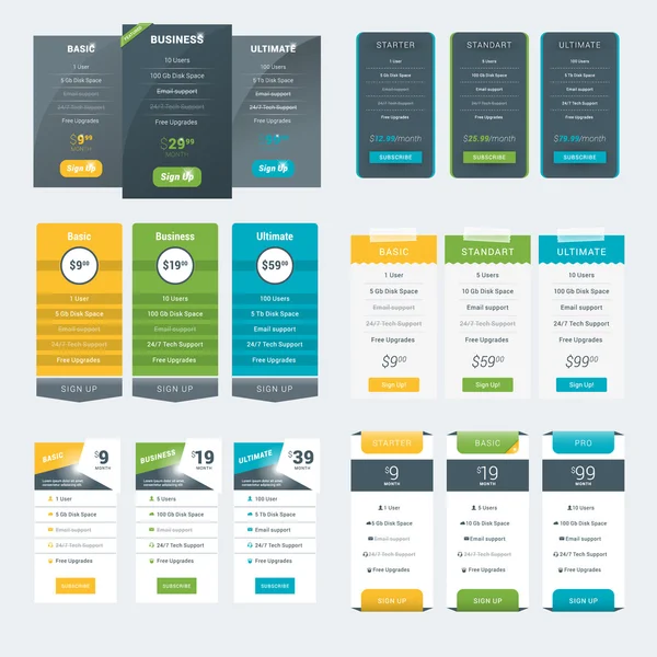 网站和应用程序定价表设计模板集。矢量定价计划。平面样式矢量插图 — 图库矢量图片