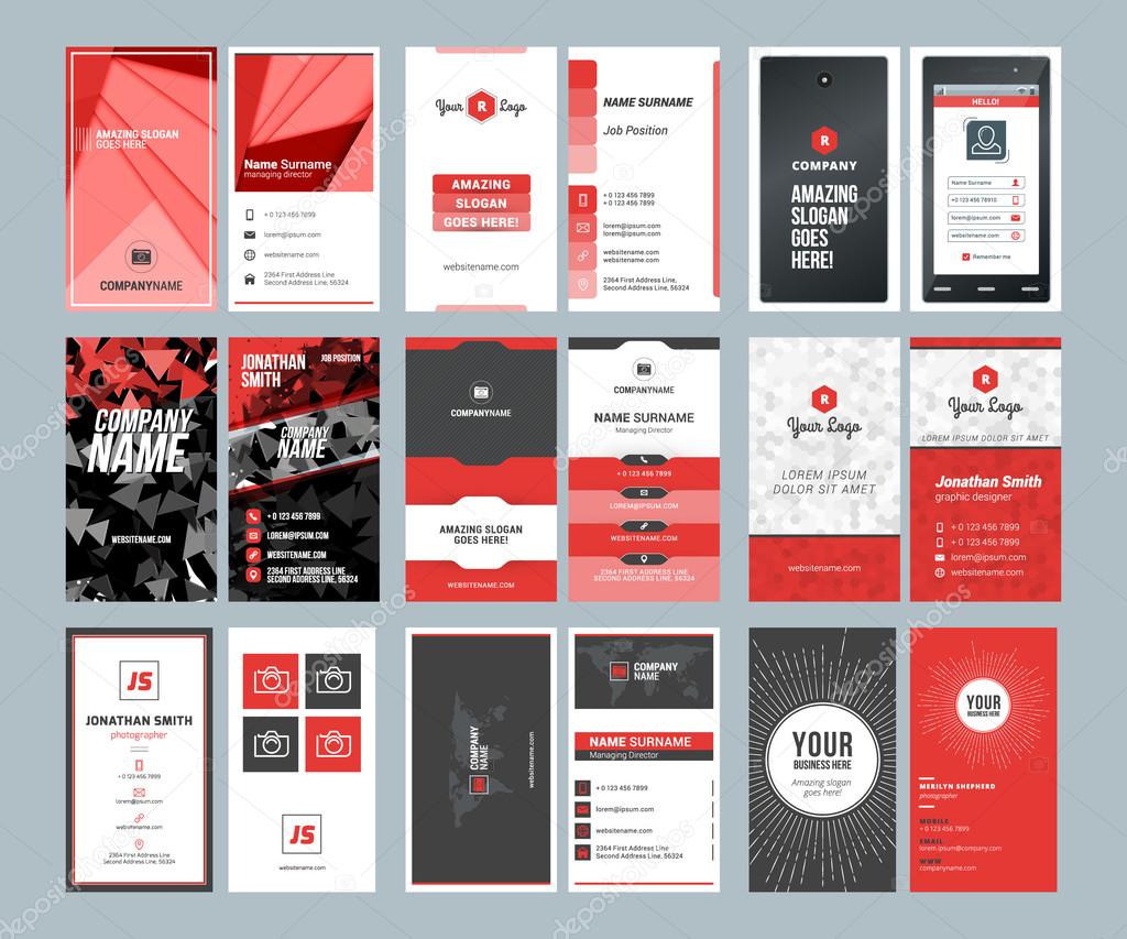 Business card templates. Stationery design vector set. Red and black colors. Vertical business cards. Flat style vector illustration