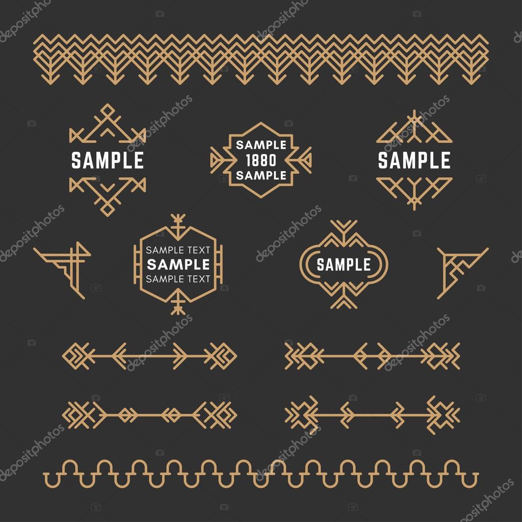 Set of Line Art Decorative Geometric Vector Frames and Borders with Golden and Black Colors. Vector Ornaments, Vector Decoration, Line Ornament, Vector Logos, Vector Labels