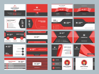Kartvizit şablonları. İleti örneği tasarım vektör kümesi. Kırmızı ve siyah renkleri. Düz stil vektör çizim