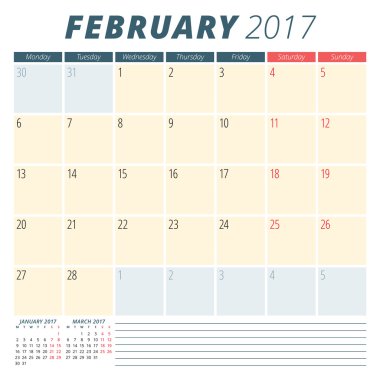 Şubat 2017. 2017 Yılı Takvim Planlayıcısı. Hafta Pazartesi başlar. Kırtasiye Tasarımı. Vektör Takvim Şablonu