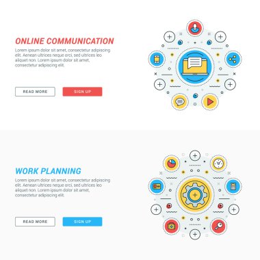 Düz çizgi iş web sitesi afiş şablonları kümesi. Vektör illüstrasyon. Daire içinde modern ince çizgi simgeleri. Çevrimiçi iletişim. İş planlaması