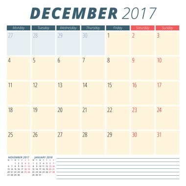 Aralık 2017. 2017 Yılı Takvim Planlayıcısı. Hafta Pazartesi başlar. Kırtasiye Tasarımı. Vektör Takvim Şablonu