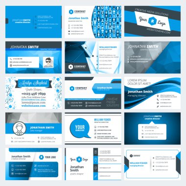 Modern yaratıcı kartvizit şablonları kümesi. Mavi ve siyah renk. Düz stil vektör çizim. İleti örneği tasarım