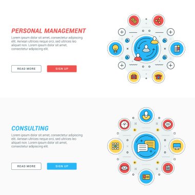 Düz çizgi iş web sitesi afiş şablonları kümesi. Vektör illüstrasyon. Daire içinde modern ince çizgi simgeleri. Kişisel yönetim. Danışmanlık