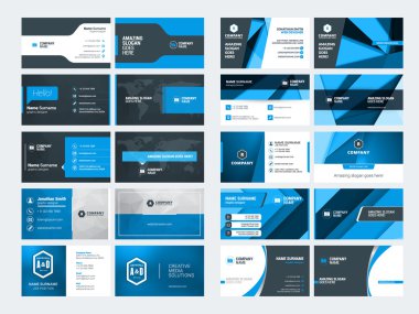 Modern yaratıcı kartvizit şablonları kümesi. Mavi ve siyah renk. Düz stil vektör çizim. İleti örneği tasarım