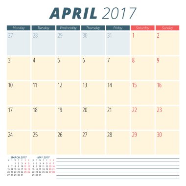 Nisan 2017. 2017 Yılı Takvim Planlayıcısı. Hafta Pazartesi başlar. Kırtasiye Tasarımı. Vektör Takvim Şablonu