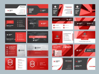 Kartvizit şablonları. İleti örneği tasarım vektör kümesi. Kırmızı ve siyah renkleri. Düz stil vektör çizim