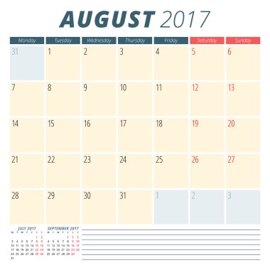 Ağustos 2017. 2017 yıl için takvim planlayıcısı. Hafta başlıyor Pazartesi. İleti örneği tasarımı. Vektör Takvim şablonu