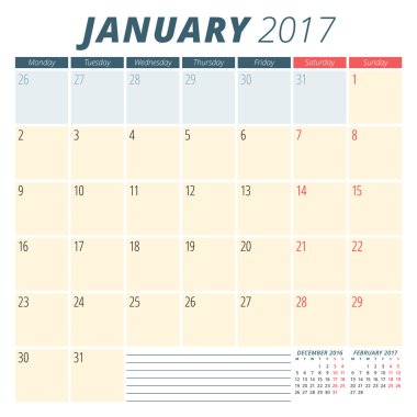 Ocak 2017. 2017 Yılı Takvim Planlayıcısı. Hafta Pazartesi başlar. Kırtasiye Tasarımı. Vektör Takvim Şablonu