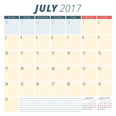 Temmuz 2017. 2017 Yılı Takvim Planlayıcısı. Hafta Pazartesi başlar. Kırtasiye Tasarımı. Vektör Takvim Şablonu