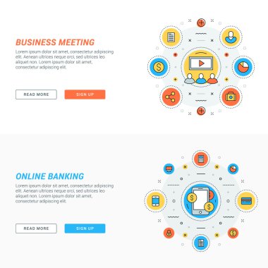Düz çizgi iş web sitesi afiş şablonları kümesi. Vektör illüstrasyon. Daire içinde modern ince çizgi simgeleri. İş toplantısı. Online bankacılık