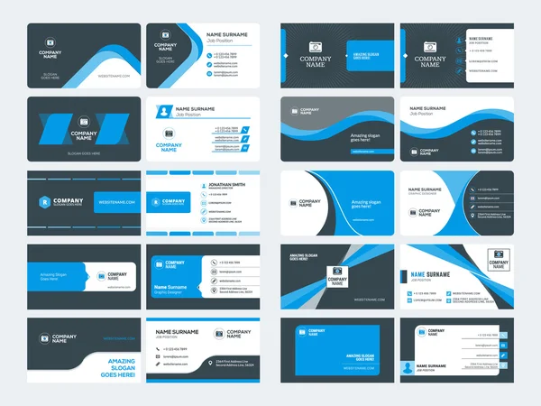 現代的な創造的なビジネス カード テンプレートのセット。青と黒の色。フラット スタイルのベクトル図です。文具デザイン — ストックベクタ