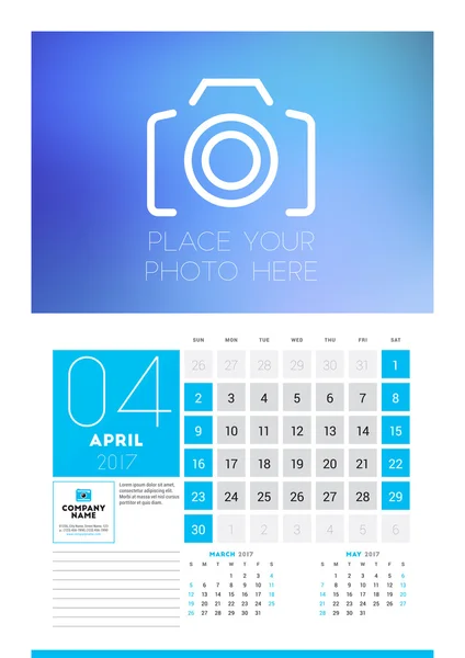 Wall calendar planner print template for 2017 year. April 2017. Calendar poster with place for photo. 3 Months on page. Week starts Sunday — Stock Vector