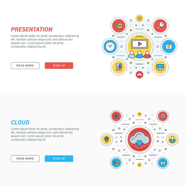 Eine Reihe von Banner-Vorlagen für flache Unternehmenswebseiten. Vektorillustration. moderne dünne Linien-Symbole im Kreis. Präsentation. Cloud-Speicher — Stockvektor