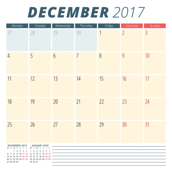 Diciembre de 2017. Planificador de Calendario 2017 Año. La semana empieza el lunes. Diseño de Papelería. Plantilla de calendario vectorial — Archivo Imágenes Vectoriales