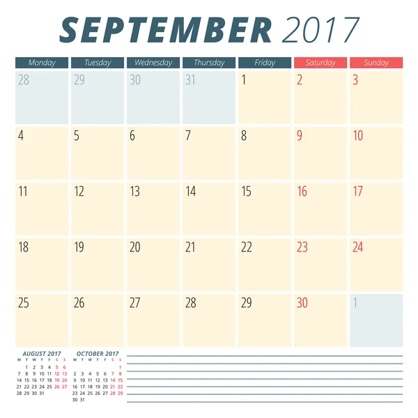 September 2017. Kalender planerare för 2017 år. Veckan startar måndag. Brevpapper design. Mall för vektor kalender — Stock vektor