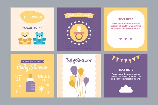 Ένα σύνολο προτύπων για την πρόσκληση στο ντους μωρών και την κάρτα post. Έγχρωμη επίπεδη απεικόνιση διανυσματικών φορέων. — Διανυσματικό Αρχείο