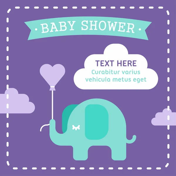 Plantilla de invitación para la ducha de bebé con un elefante. Ilustración vectorial plana de color sobre fondo violeta . — Vector de stock