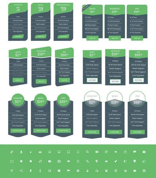 Set van prijs tabelontwerp sjablonen voor websites en toepassingen. Vector prijs plannen met icon set. Groene en zwarte kleuren. Platte stijl vector illustratie — Stockvector